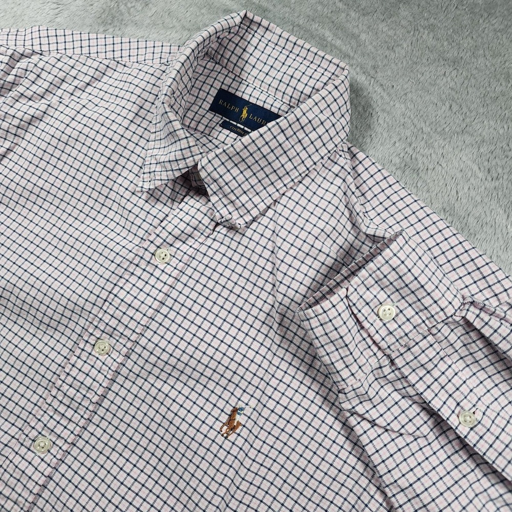 Ralph Lauren Shirt Mens Large Pink Blue Check Long Sleeve Custom Fit Flesh Pony
